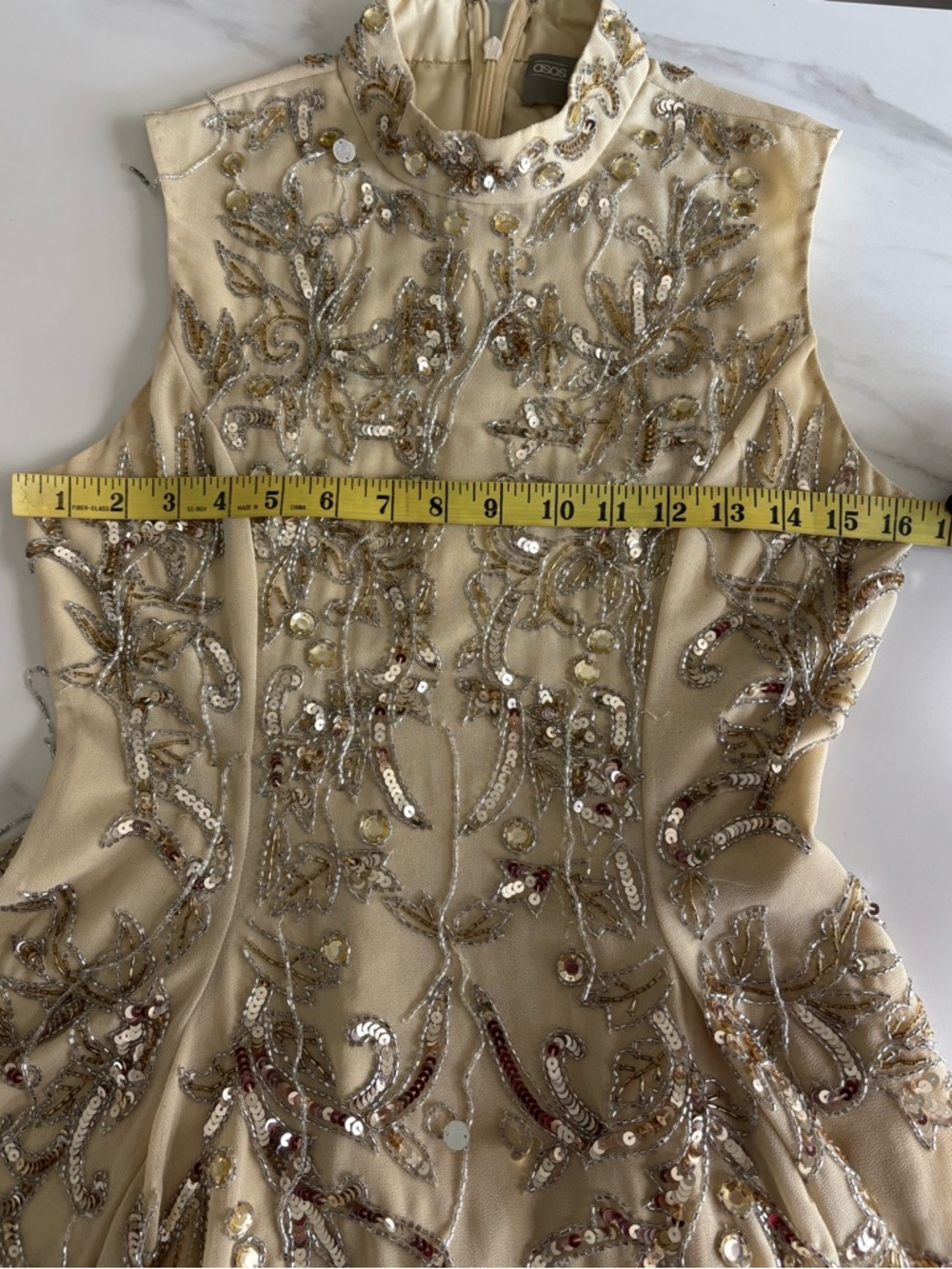 ASOS Cream Mini Dress with Gold Sequin Bead Embroidery Sz 4 - Picture 7 of 14